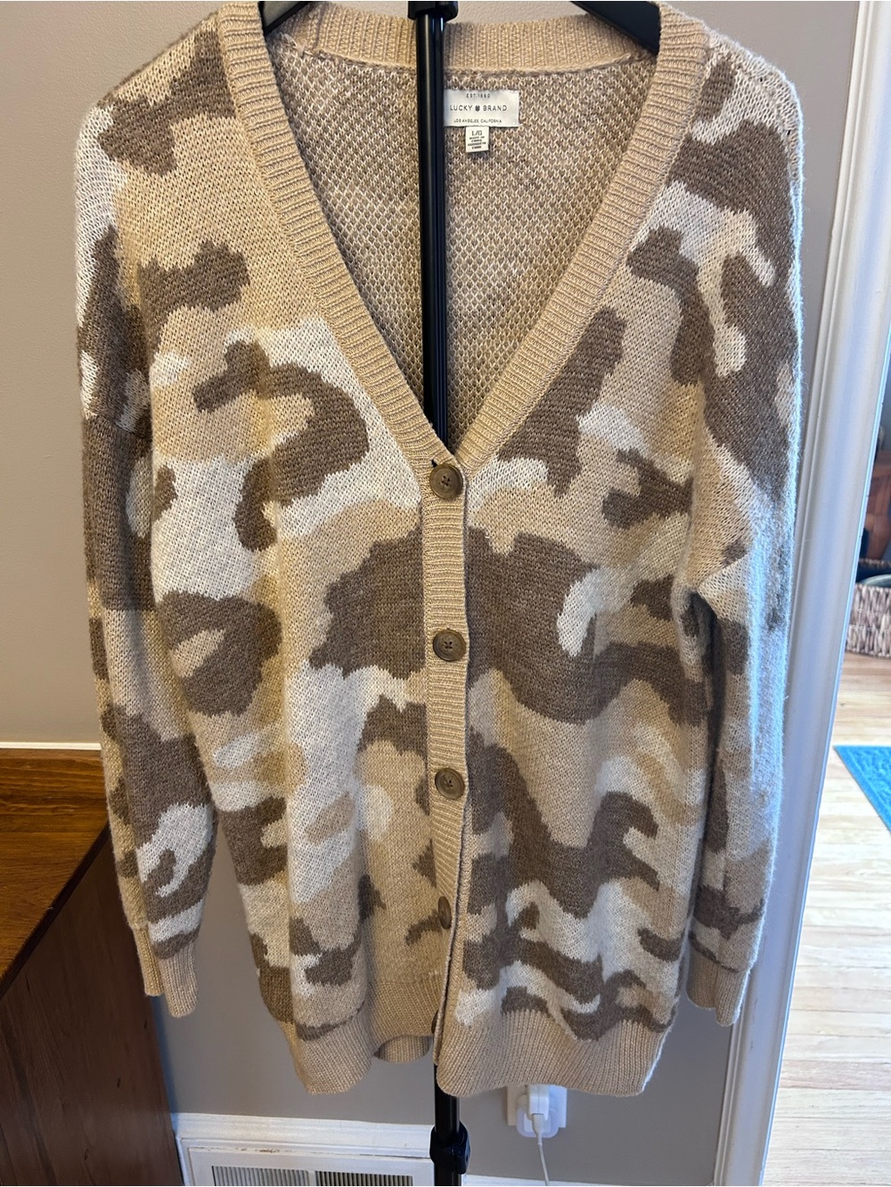 Lucky Brand Neutral Camo V-Neck Button Cardigan